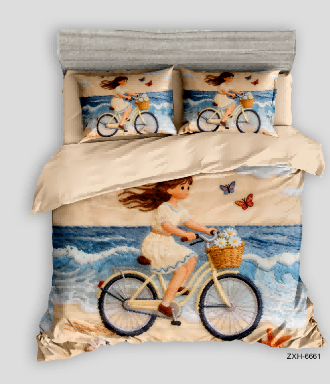 Embroidery-Style 5D Digital Printed Bed sheet set with a Girl Riding a Bicycle on the Beach