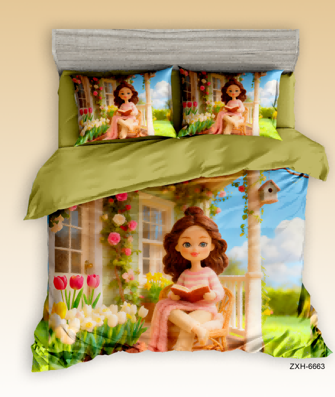 5D Digital Printed Bed sheet set with a Cute Doll Reading on a Garden Porch