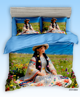 5D Digital Printed Bed sheet set with a Beautiful Woman in Traditional Cultural Attire