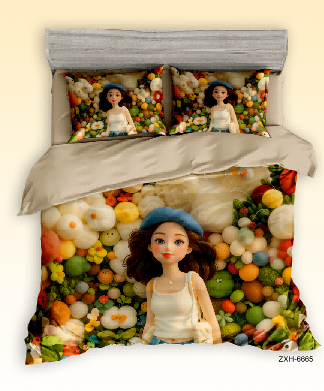 5D Digital Printed Bed sheet set with a Cute Girl in a Colorful Felt Garden