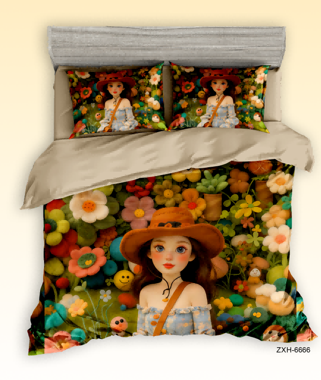 5D Digital Printed Bed sheet set with a Cute Girl in a Plush Flower Garden