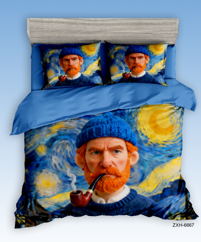 7D Artistic Digital Printed Bed sheet set with a Red-Bearded Sailor Smoking a Pipe on a Starry Night