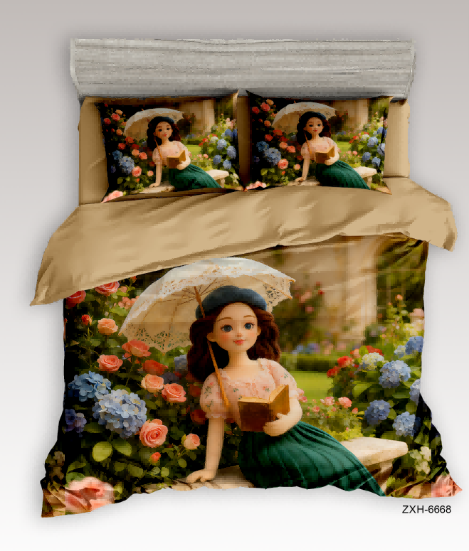 5D Digital Printed Bed sheet set with a Cute Girl Reading in a Rose Garden