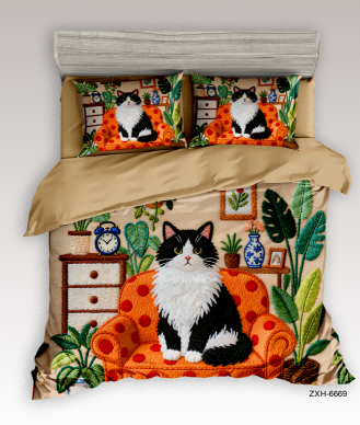 Embroidered-Style Digital Printed Bed sheet set with a Fluffy Cat in a Cozy Indoor Garden