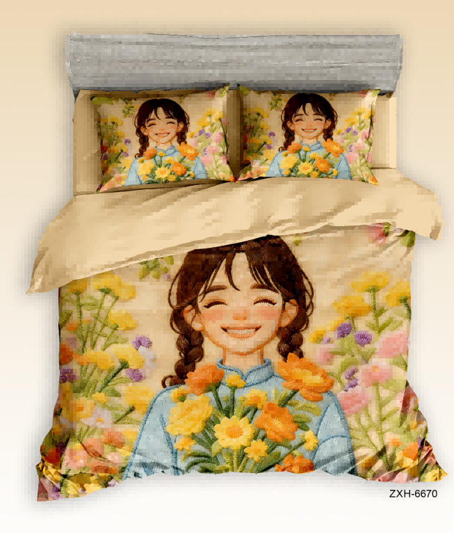 Embroidery-Style Digital Printed Bed sheet set with a Cheerful Girl Holding a Bouquet of Flowers