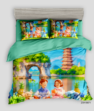 5D Artistic Digital Printed Bed sheet set with a Boy and Girl on a Scenic Riverbank