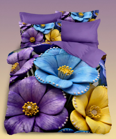 5D Floral Digital Print Bedding Set - ‌Purple & Blue Blooms