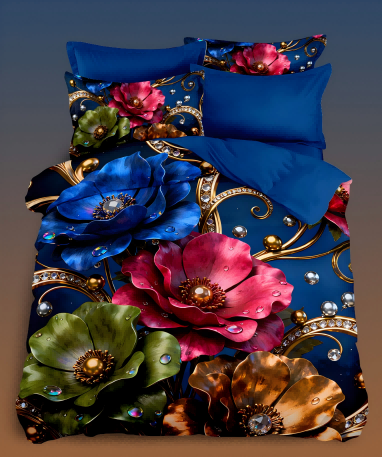 5D Floral Digital Print Bedding Set - ‌Tricolor Blooms with Crystal-Gold Trim