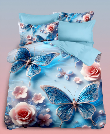 5D Floral Digital Print Bedding Set - ‌Blue Butterflies & Pink Roses