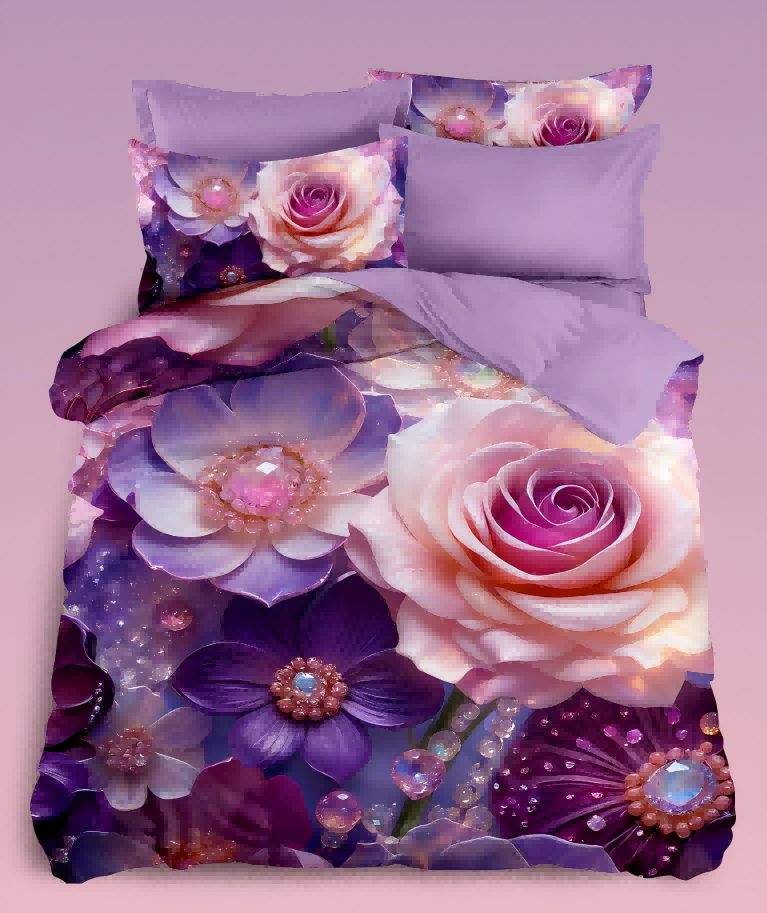 5D Floral Digital Print Bedding Set - ‌avender & Pink Rose