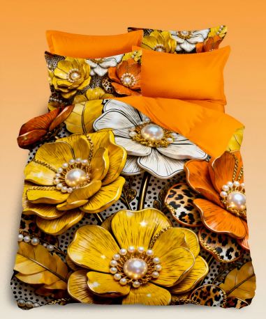 5D Floral Digital Print Bedding Set - ‌Gold & Orange Flowers