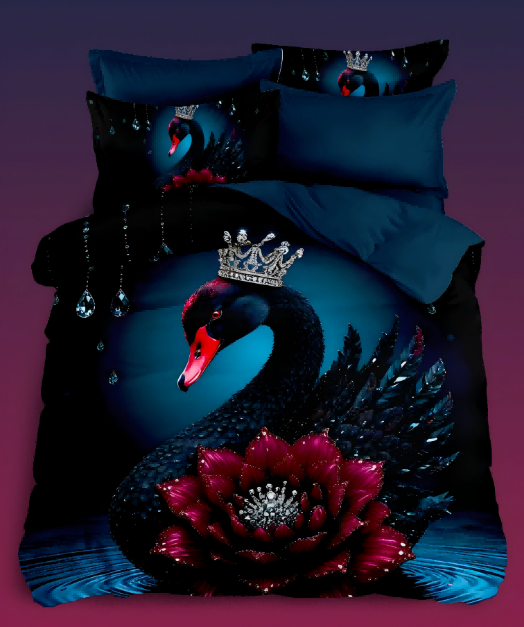 5D Floral Digital Print Bedding Set - ‌Black Swan & Ruby Lotus