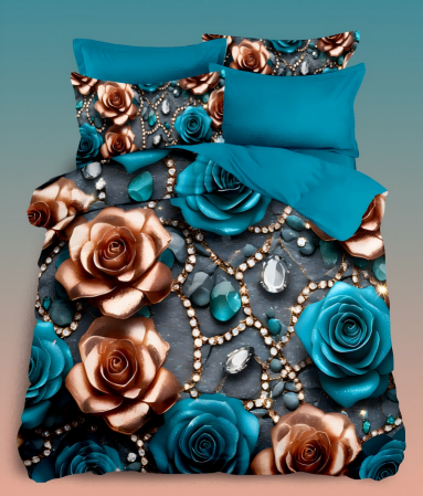 5D Floral Digital Print Bedding Set - ‌Teal & Copper Rose