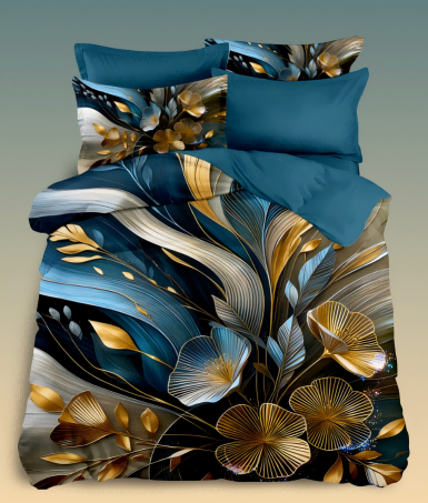 5D Floral Digital Print Bedding Set - ‌Blue & Gold Floral