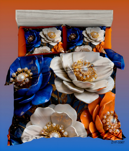 5D Floral Digital Print Bedding Set - ‌Blue & White Floral