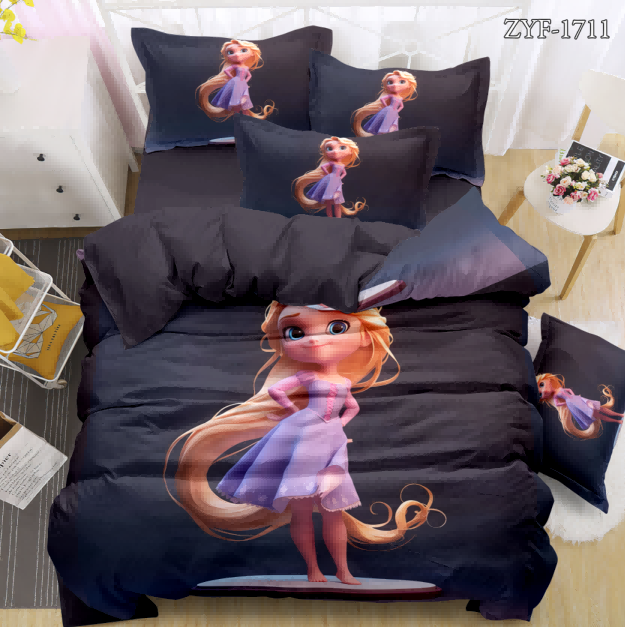 5D Cartoon Digital Printed Bed sheet set with a Magical Princess Looking Confident on a Dark Background