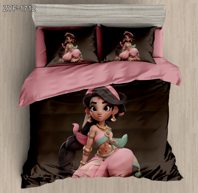 5D Cartoon Digital Printed Bed sheet set with a Cute Cartoon Princess in Pink and Teal