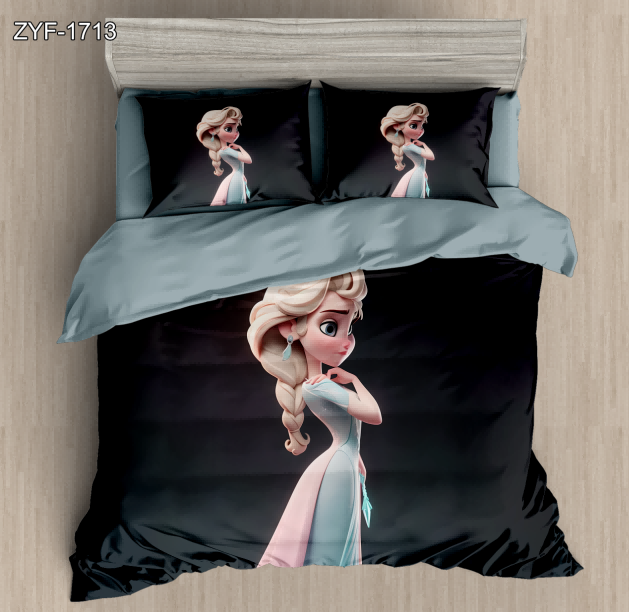 7D Cartoon Digital Printed Bed sheet set with a Beautiful Blonde Princess Against a Dark, Dramatic Background
