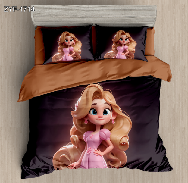 7D Cartoon Digital Printed Bed sheet set with a Cute Blonde Princess in a Pink Dress