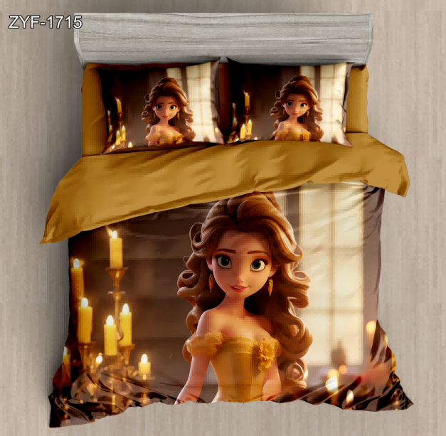 5D Cartoon Digital Printed Bed sheet set with a Beautiful Princess in a Golden Gown Surrounded by Glowing Candles