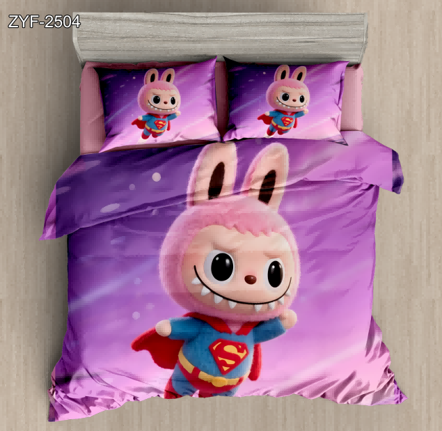 7D Cartoon Digital Printed Bed sheet set with a Labubu Wearing a Superhero Costume