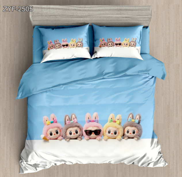 5D Cartoon Digital Printed Bed sheet set with a Row of Cute Fluffy Bunny Friends Peeking Over a White Ledge