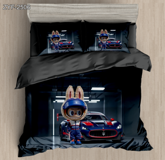 5D Cartoon Digital Printed Bed sheet set with a Cute 3D Rabbit Character in a Racing Suit with a Sports Car