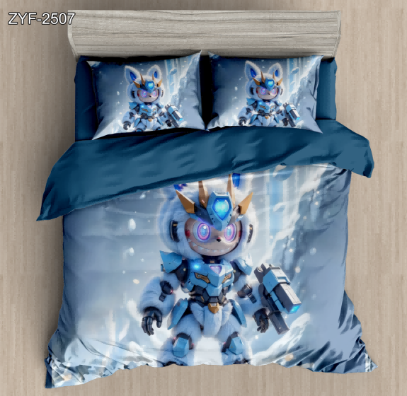 7D Cartoon Digital Printed Bed sheet set with a Labubu in Mech Armor in a Snowscape