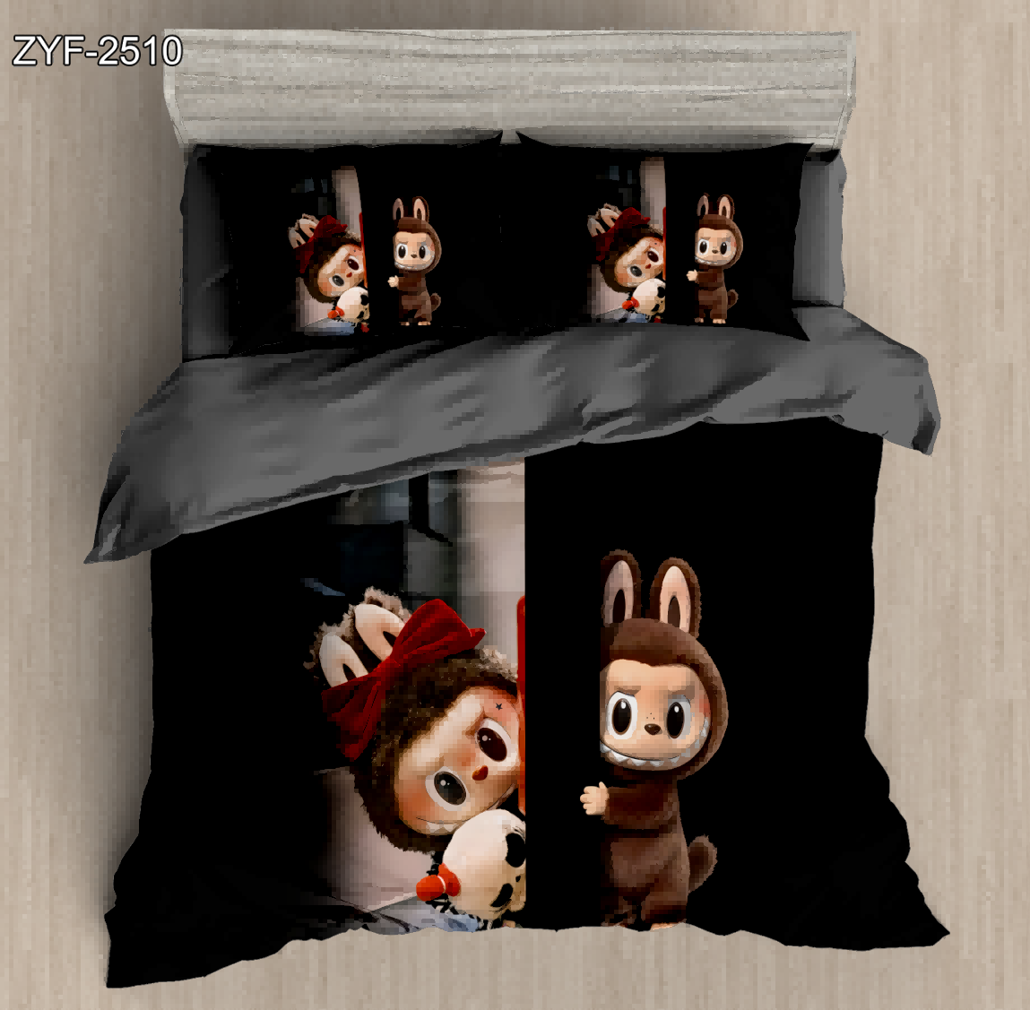 5D Cartoon Digital Printed Bed sheet set with Labubu Characters Peeking from Behind a Dark Veil