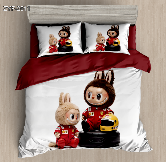 7D Cartoon Digital Printed Bed sheet set with a Two Cute Racing Bunnies on a Tire