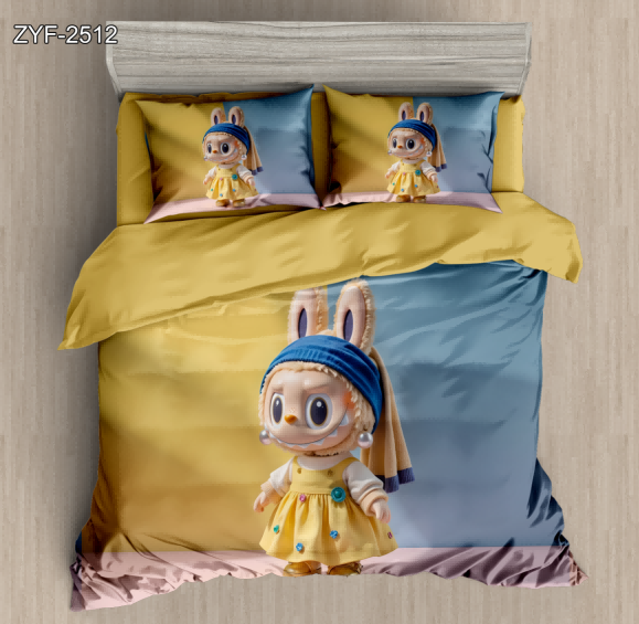 5D Cartoon Digital Printed Bed sheet set with a Labubu Character in a Yellow Dress