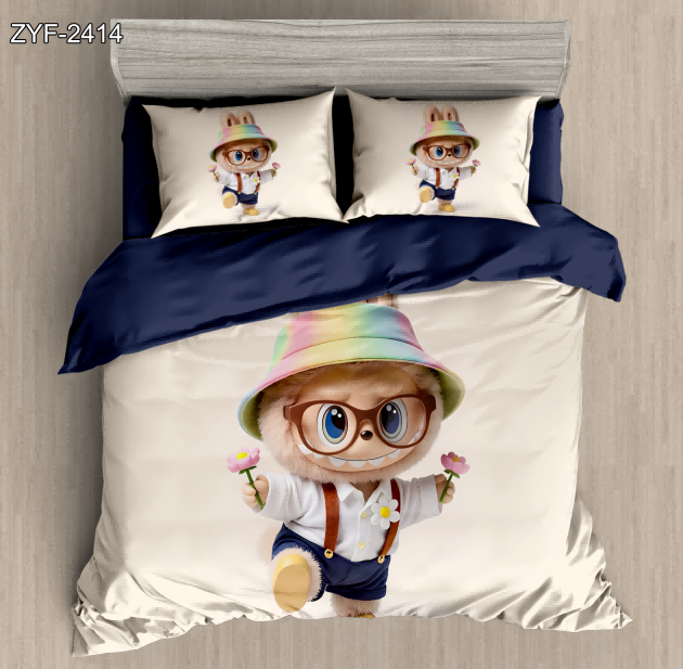 5D Cartoon Digital Printed Bed sheet set with a Labubu Character in a Rainbow Hat Holding Flowers