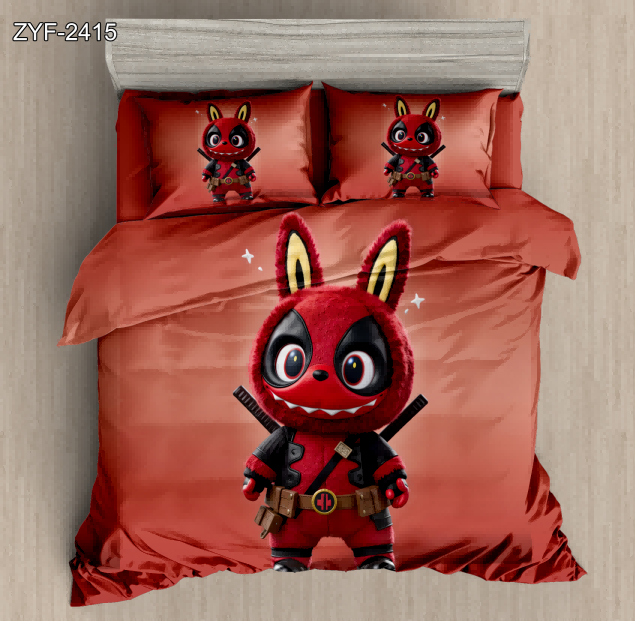 7D Cartoon Digital Printed Bed sheet set with a Fluffy Red Bunny Dressed as a Comic Book Anti-Hero