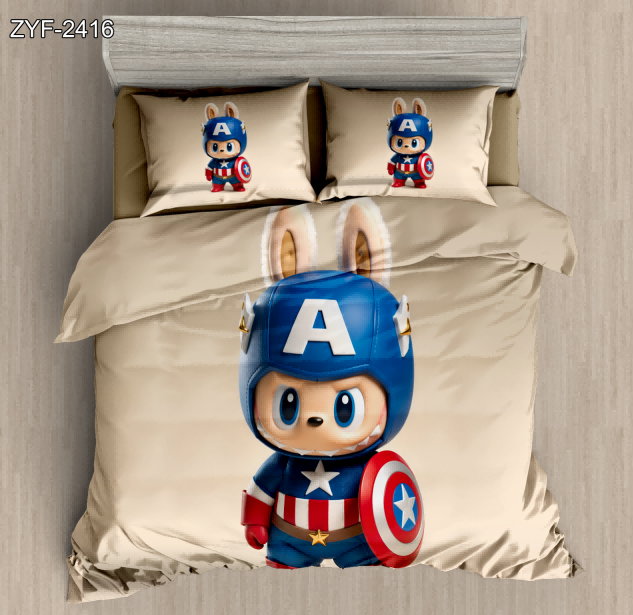 5D Cartoon Digital Printed Bed sheet set with a Labubu Dressed as Captain America