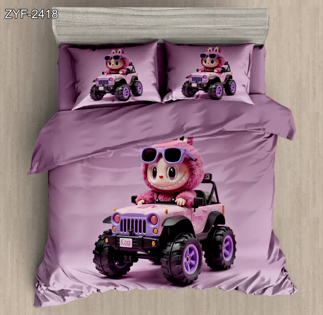 5D Digital Printed Bed sheet set with a Cute Pink Fluffy Character Driving a Custom Off-Road Vehicle