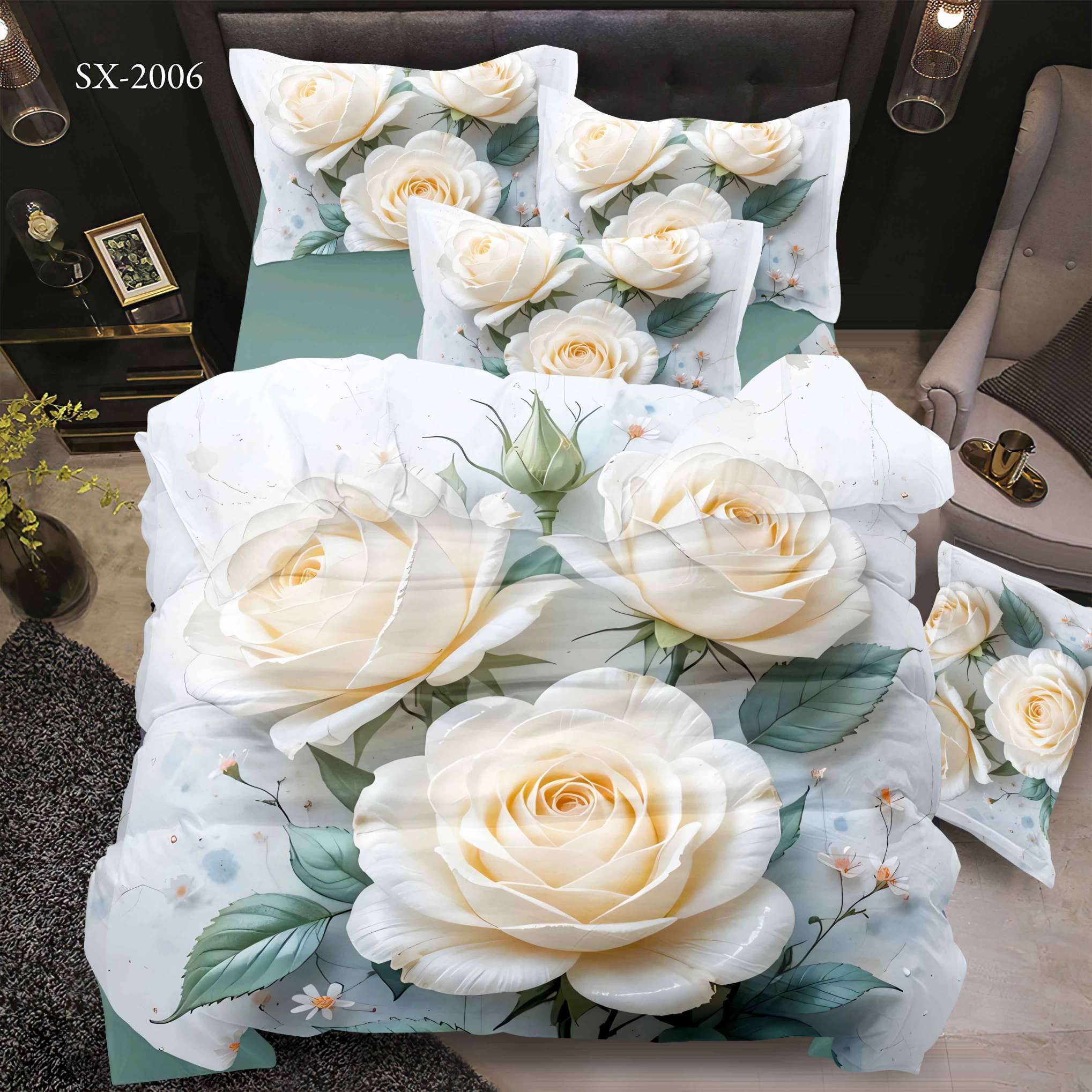 5D Floral Digital Print Bedding Set - ‌White Rose