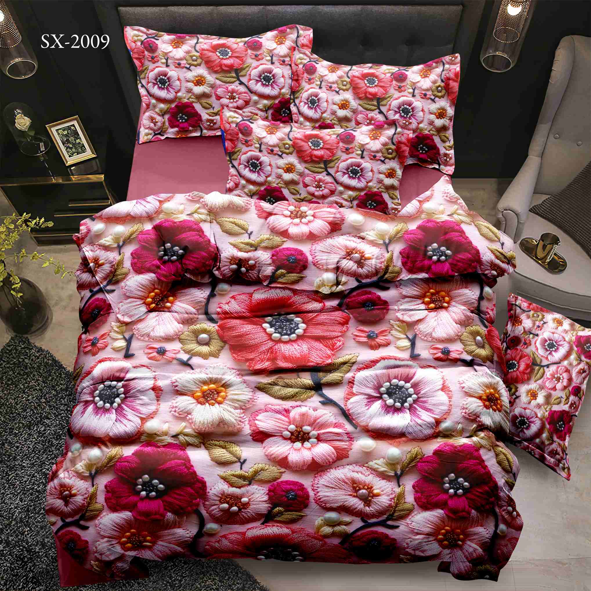 5D Floral Digital Print Bedding Set - ‌Vibrant Floral Embossed Design‌