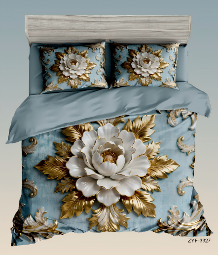 5D Floral Digital Print Bedding Set - ‌Blue & Gold Baroque Floral