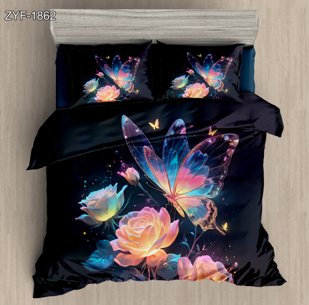 5D Floral Digital Print Bedding Set - ‌Vibrant Butterfly & Rose
