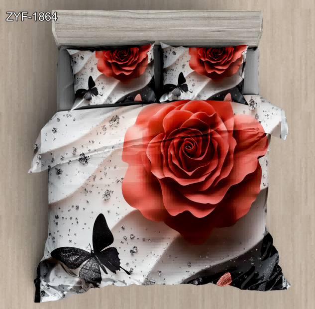 5D Floral Digital Print Bedding Set - ‌Red Roses & Black Butterflies