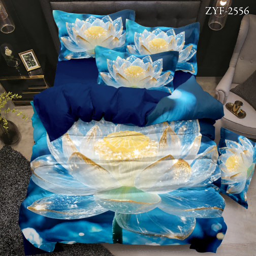 5D Floral Digital Print Bedding Set - ‌Crystal Lotus on Blue‌