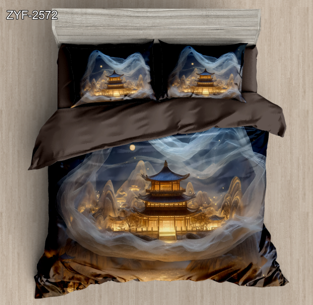 5D Floral Digital Print Bedding Set - ‌Chinese Pavilion with Moon & Mist