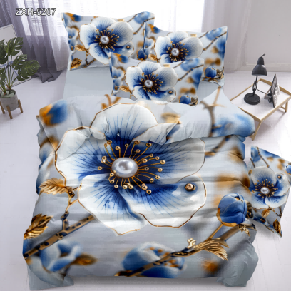 5D Floral Digital Print Bedding Set - Blue Peony & Gold Branch