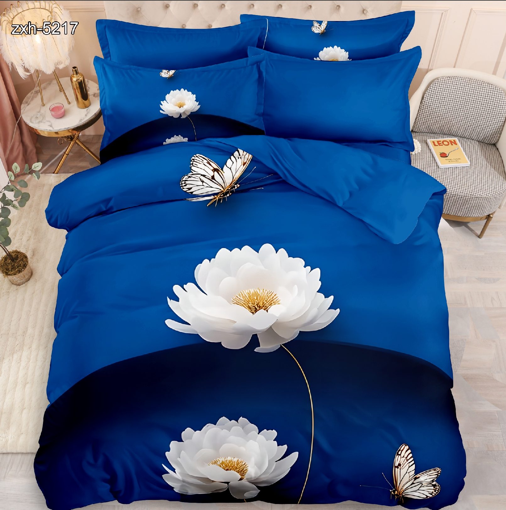 5D Floral Digital Print Bedding Set - White Peony & Butterfly