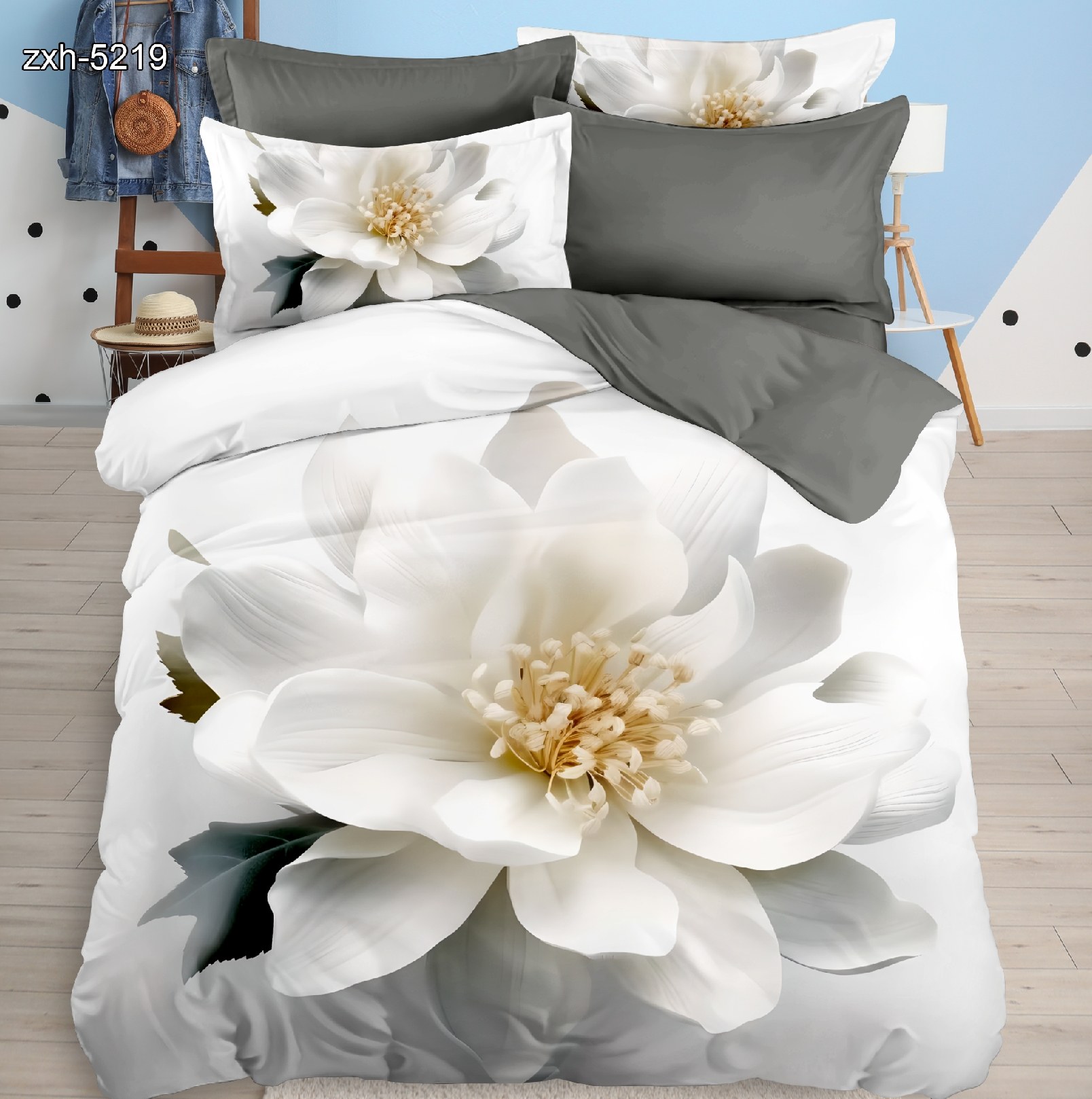 5D Floral Digital Print Bedding Set -  White Magnolia
