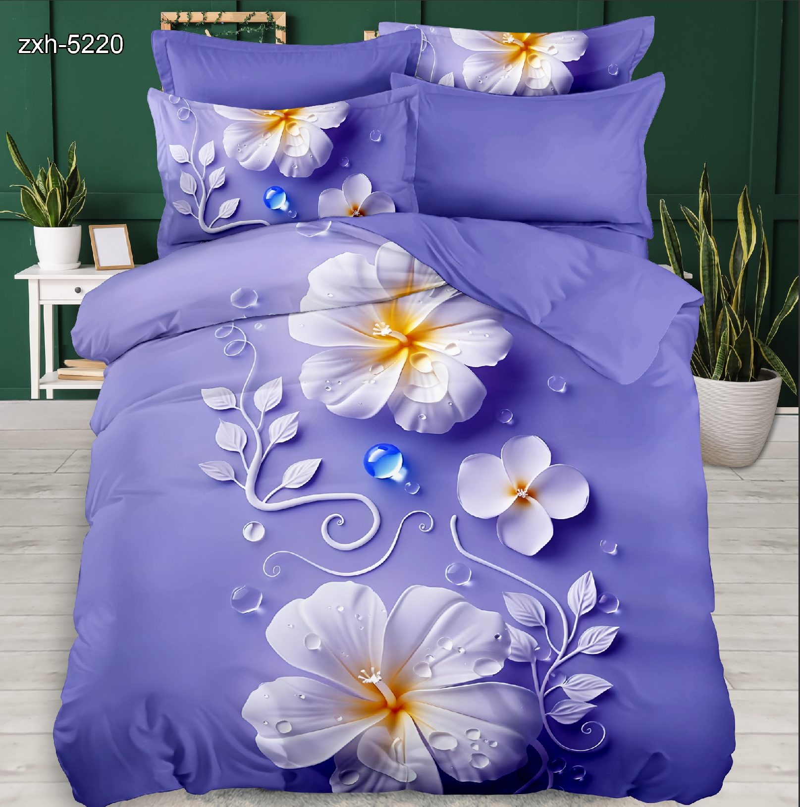 5D Floral Digital Print Bedding Set - White Flower & Water Droplets