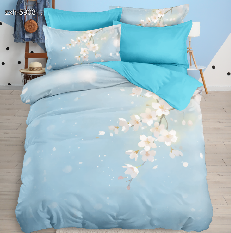 5D Floral Digital Print Bedding Set - White Cherry Blossom