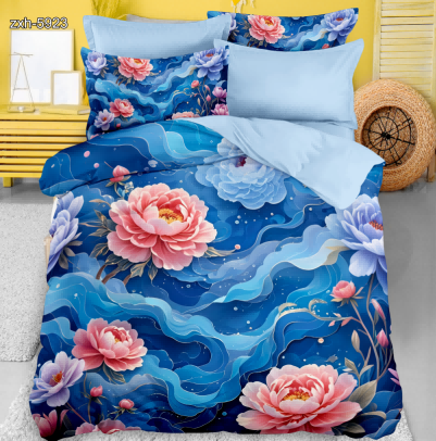 5D Floral Digital Print Bedding Set - Pink Peony & Blue Waves