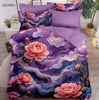 5D Floral Digital Print Bedding Set - Pink Peony & Purple Waves