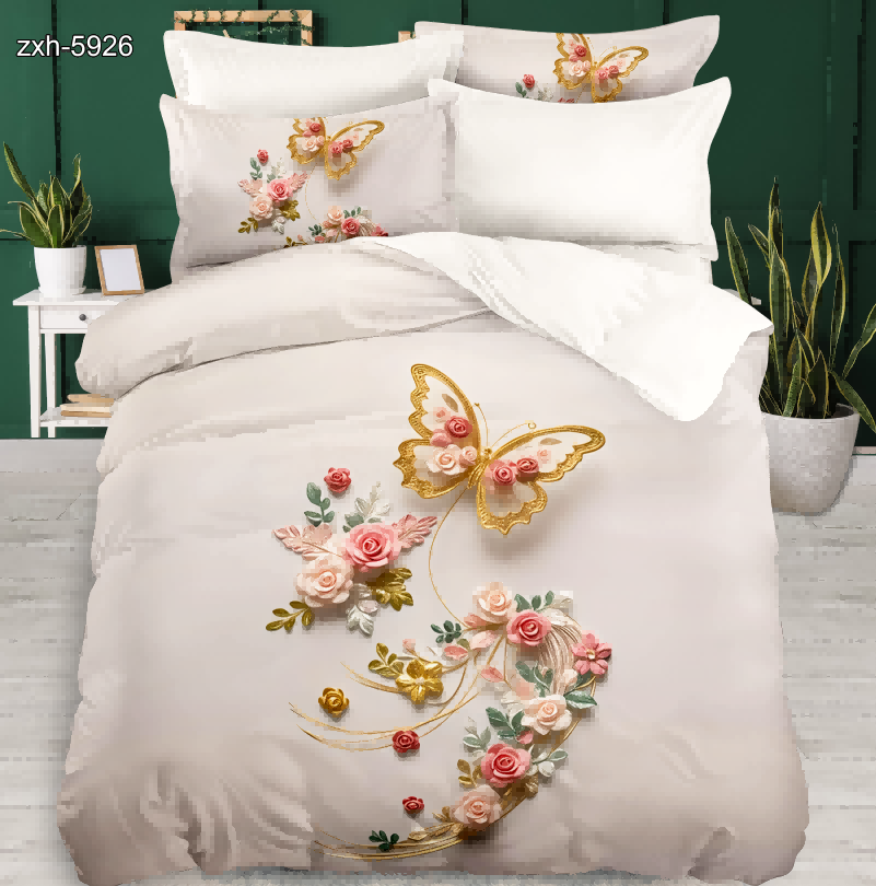 5D Floral Digital Print Bedding Set - Butterfly & Floral Embellishments‌